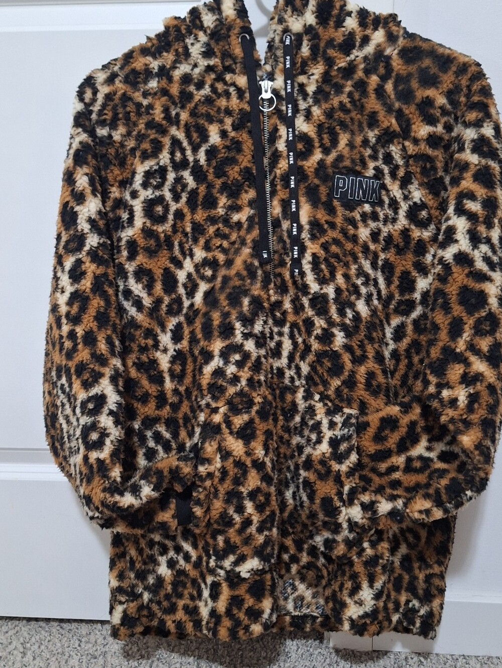 PINK Victoria's Secret Leopard Faux Shearling Zip Hoodie in Black and Brown